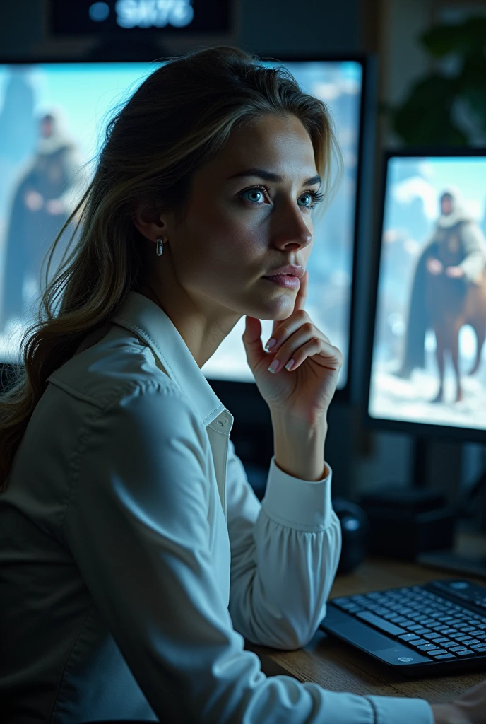 a young, beautiful and intelligent European woman of about 35 sits at her workplace. she has a confident and focused expression on her face. Her environment includes modern technologies with virtual and augmented reality equipment, monitors. On one of the monitors is a picture of life in the Middle Ages. the scene represents the rapid development of new technologies