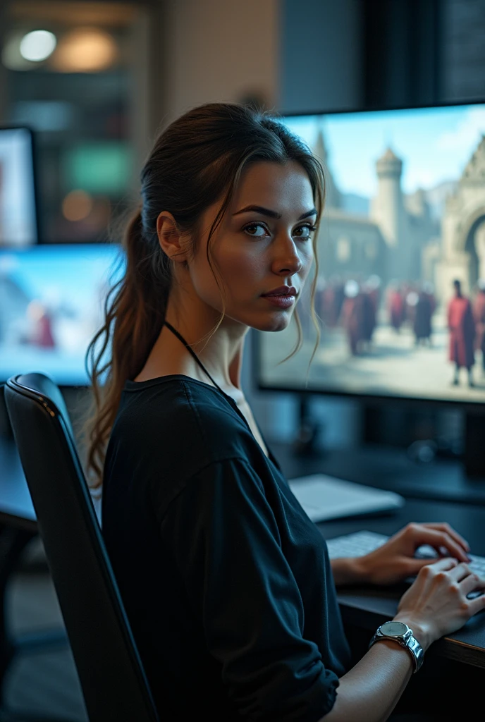a young, beautiful and intelligent European woman of about 35 sits at her workplace. she has a confident and focused expression on her face. Her environment includes modern technologies with virtual and augmented reality equipment, monitors. On one of the monitors is a picture of life in the Middle Ages. the scene represents the rapid development of new technologies