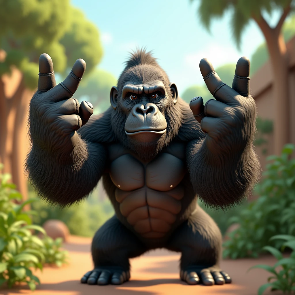 3D Animation、Gorilla holding up four fingers、5 fingers in total、The thumb is bent、Summer background