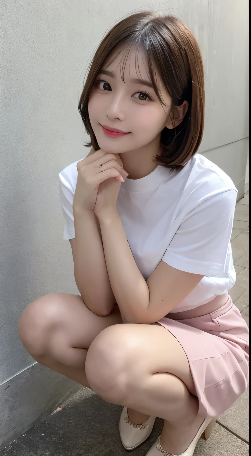 In detail,Full body photo、 smile、High resolution, high quality、Perfect dynamic composition, Beautiful details, blonde、Bobcut、Natural color lip,Kamimei、1 person、1 person、Beautiful Skin、White shirt、Red mini skirt、Thighs、Shiny Hair、最high quality, shape, Very detailed, In detail, High resolution, 8k、The correct state of the human body、Squat、Sculpture model pose,Pink Wall