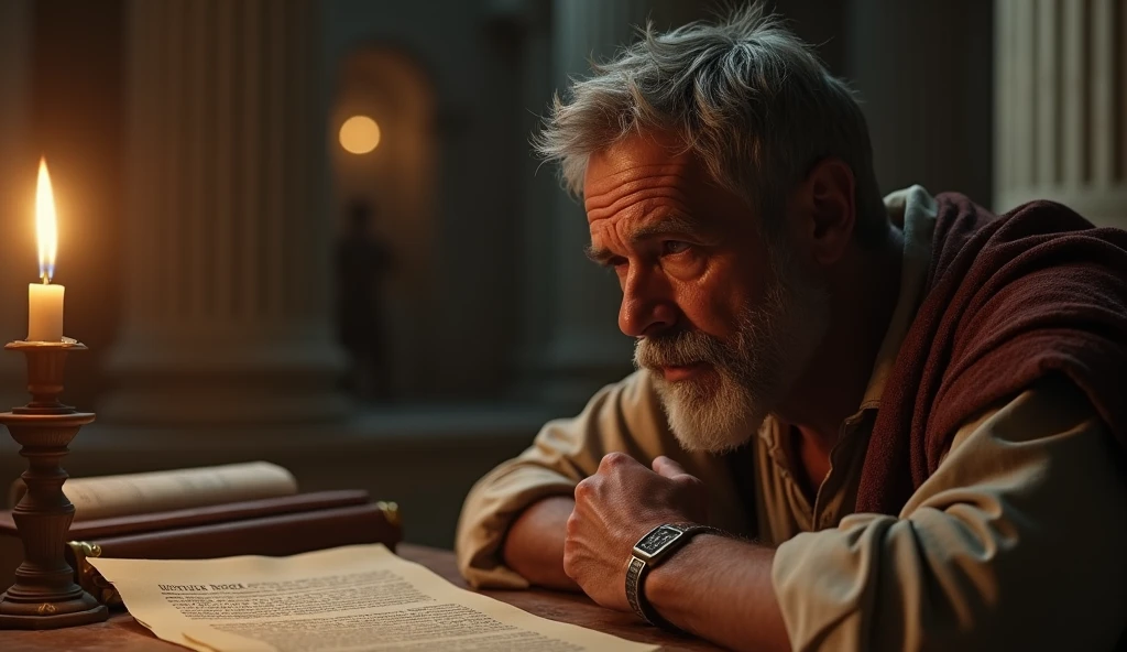 A close-up shot of a frustrated Stoic philosopher seated in a Roman study room, surrounded by ancient scrolls and parchment. His head is in his hands, reflecting disappointment and frustration over a rejected petition for a position. The room is dimly lit by the glow of oil lamps, with marble columns and classical Roman architecture visible in the background. The philosopher’s expression conveys deep contemplation and frustration, while a shadowy, ethereal figure in the background symbolizes his thoughts of blame. Shot with a Canon EOS R5, Sigma 50mm f/1.4 DG HSM Art Lens, with an 85mm lens. Rendered in 8K resolution, cinematic detail, Octane render, capturing the emotional tension of the moment.