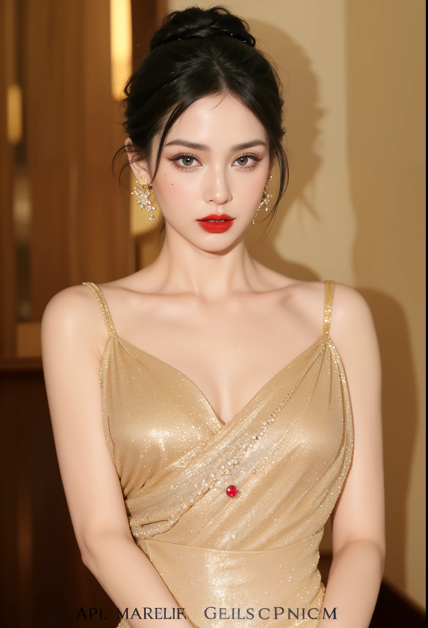 Game Art，CG Animation，Best image quality，Maximum resolution，8K picture quality，(A bust photo)，(portrait)，(Head close-up)，(Rule of Thirds)，Unreal Engine 5 rendering works，20 year old girl，((Queen))，The eyes are very detailed，(Large Breasts)，Elegance and nobility，Ray Tracing，Game CG，((3D Unreal Engine))，OC rendering reflection mode，4K，Ultra-clear，Translucent lace，Fair and plump figure，Pretty Face，Glossy Gel Coat，身着华贵礼服的Queen，Gorgeous clothing，Luxurious and exquisite jewelry，Colorful makeup，Full figure，Dark red lipstick，精致Gorgeous clothing，Supermodel，Gold Jewelry，Luxurious clothing，Gold and diamond jewelry，Rich facial details，Delicate and delicate skin texture，Gorgeous eyeshadow makeup，Three-dimensional facial features，Gold Skirt，breasts   symmetrical