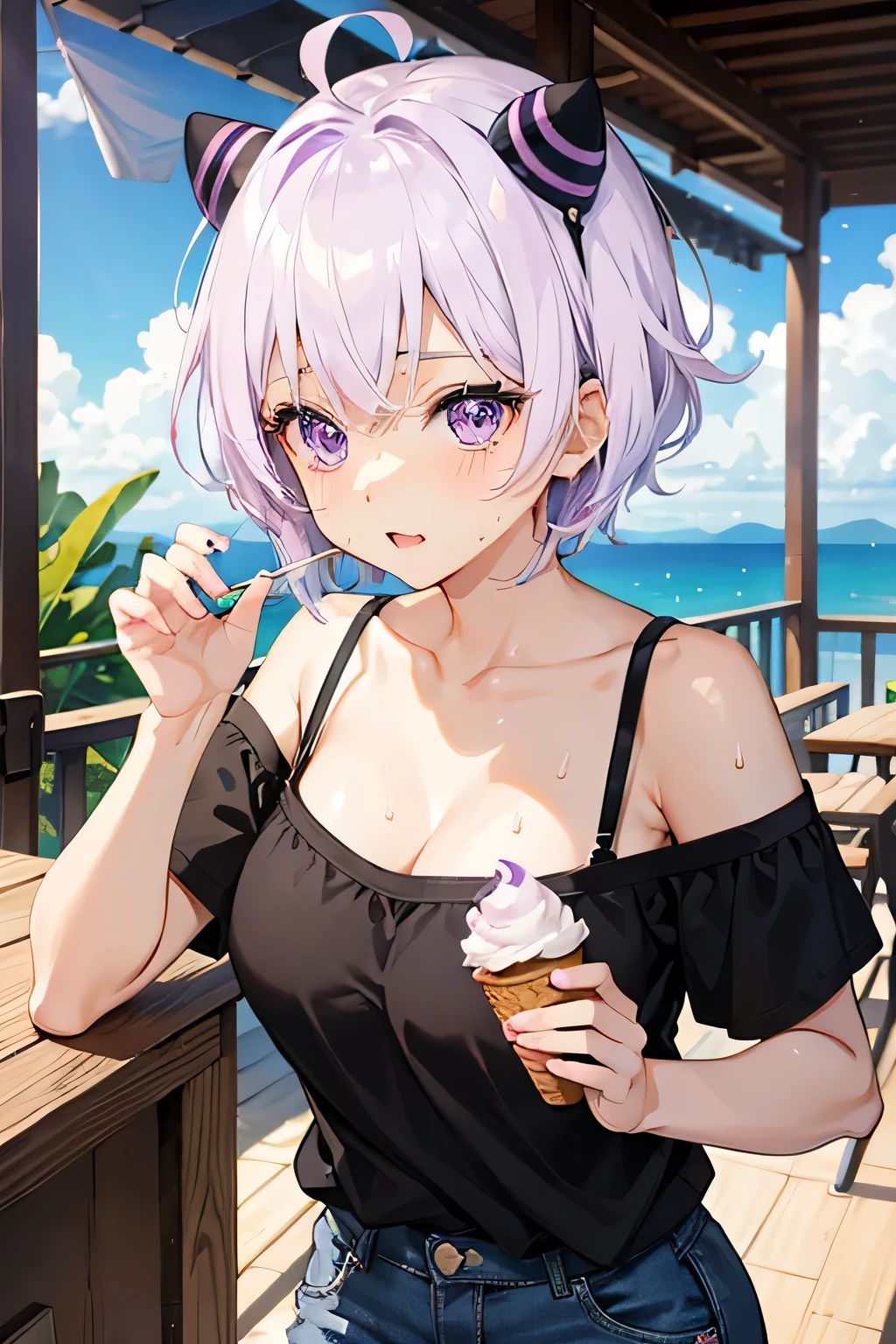 Anime Style、cute、short hair、Light purple hair、deep purple eyes、Big Breasts、summer、Sweat、Black camisole、Shorts、Home、I'm eating ice cream