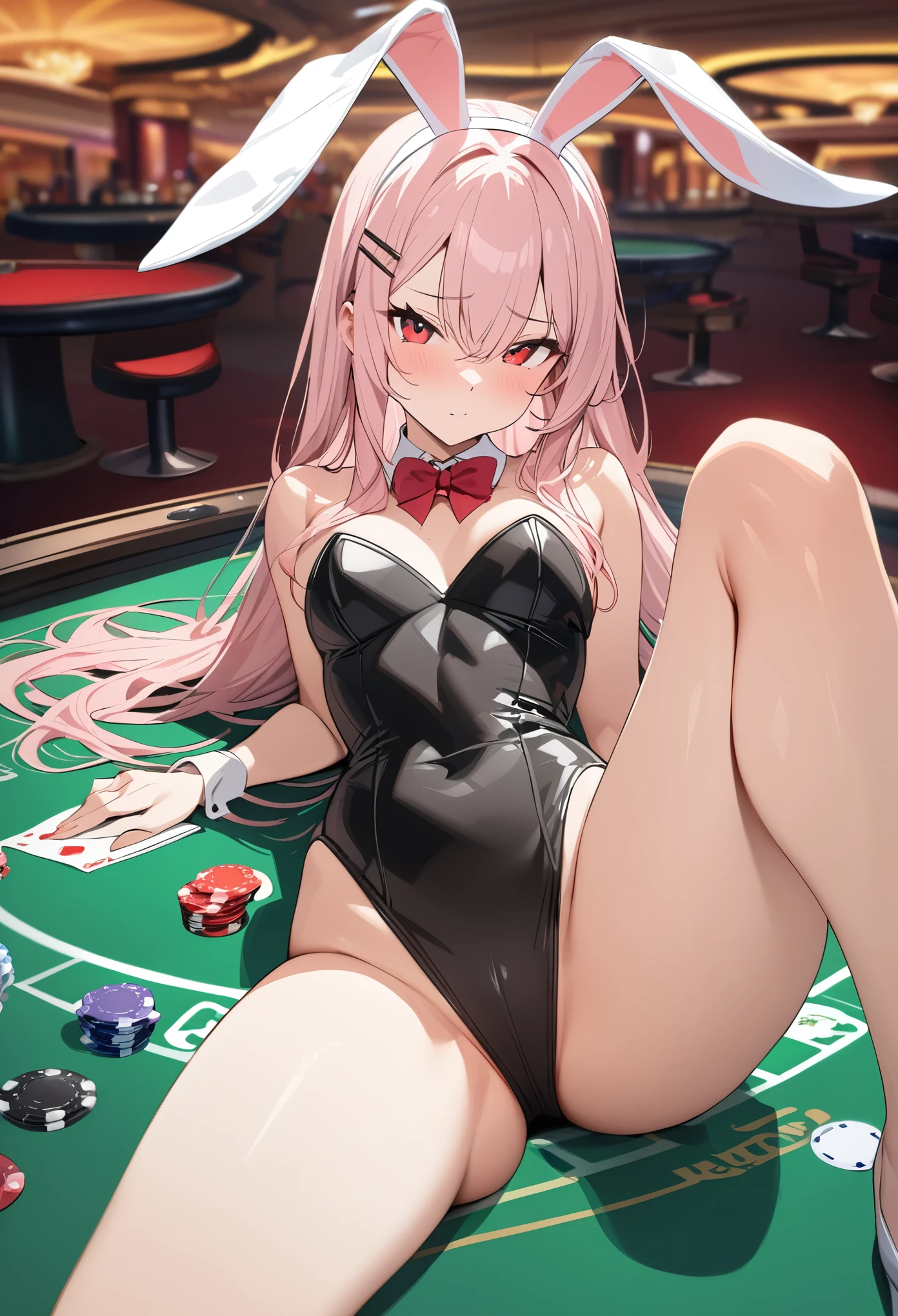 ((masterpiece)), (Highest quality), (Simple style), Light pink hair, red eyes, long hair, hairpin, bunny girl cosplay, empty casino, legs spread, sitting on a casino table