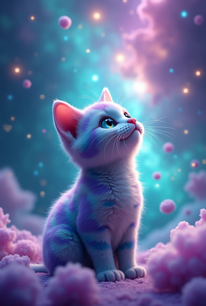 create a cute cat, It has turquoise and purple color, hyper realist, He's looking at the sky, he has a pink nose, the background is a turquoise galaxy with purple