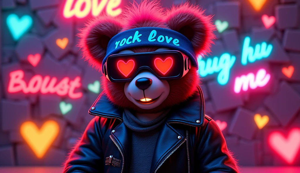 cool NFT art :: background neon words: ( Rock 'N' Roll ) bear in meditation mode sitting with cocktail in one hand:red hearts, neon graffiti background with hearts and lights sparkle hearts on the foots,  red leather and orange toy bear cloth fur highly detailed covered mirror cubes like disco ball, dark neon graffiti mode bear  on the background neon and metallic foil wall:: photo of 1 toy bear full body with fashion orange benie with letters on it ROCKERS LOVE words ):: BEAR LOVE::, black mirror purple VR mask blue neon glow snowboard glasses and  pink fur fur glow and golden green panama ibiza style fashion, mouth is closing ,hug ( neon glow my  LOVE neon glow word :: ) with two red heart circle eyes in a style in mood and happy  smiling with teeth smile wearing a black VR red hair and a slash yellow glow on the bear glow, background with neon soap bubble word GLOW:, neon glow heart inside of the heart is the word ::( LOVE glow ) ::  word, Y2K fashion, font graffiti words hug HUG Me style, hyper detailed 35 mm shot
