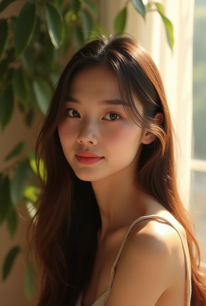 (photorealism:1.2), beautiful woman,long straight hair, soft lighting, plants in background, window with sunlight, cozy room, relaxed pose, realistic, intricate details, warm colors, close up, realistic, phone picture