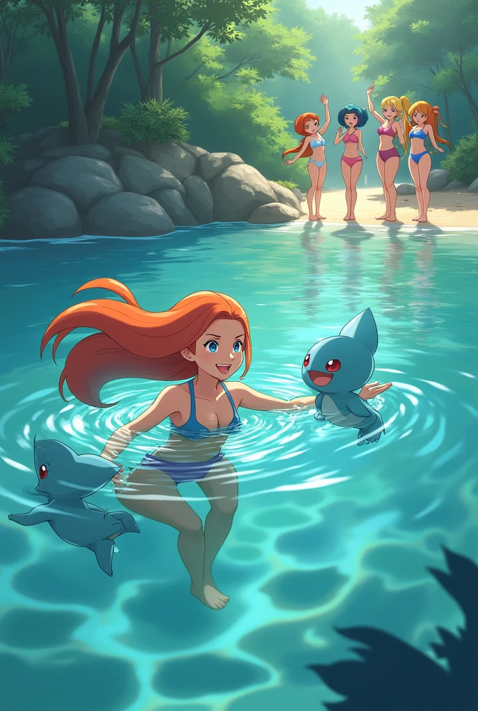 Je veux une image très réaliste de Ondine de Pokémon qui est dans l’eau dans un lac. Elle nage avec ses pokemon. On voit les 3 jolies soeurs de Ondine qui lui font signe sur le bord du lac.
