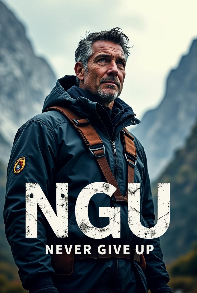Make a poster written Never Give Up in short way NGU with a picture of bear grylls.

