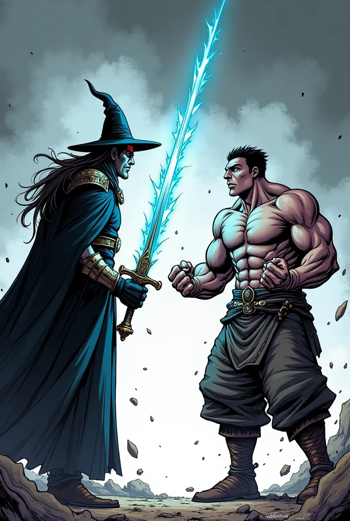 Give me a panel of Mage with a sword Vs strength only fist was facing off before the fight but manga with dialogue