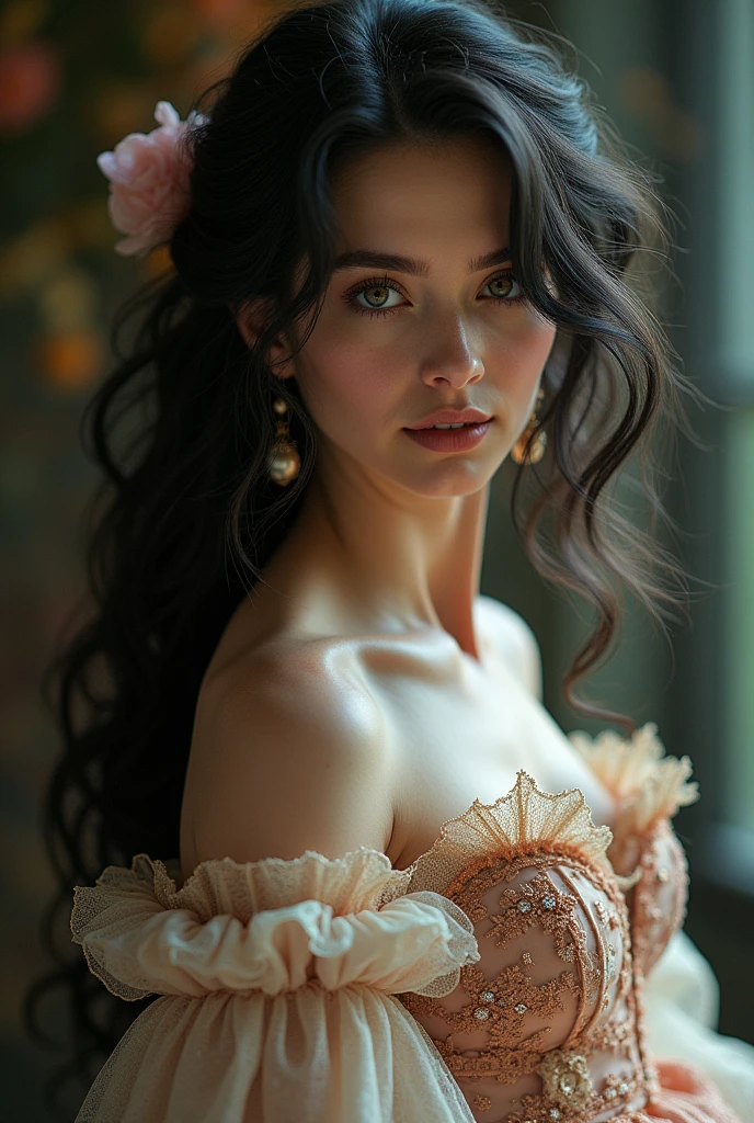 Sydney sweeney in fairytalw dress,dark wavy hair,sexy