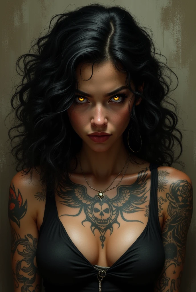 Tattooed brunette,brawny,dark curly hair,with yellow eyes