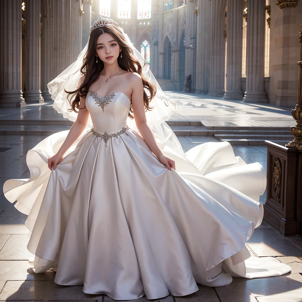 best quality, masterpiece, 1 girl, long hair, A huge laugh, cute , shiny lips, sweet, sun glare, Conservative attire, wedding dress, Bridal Tiara, depth of field, blurred background, Cathedral Background, light particles, strong wind, head tilt