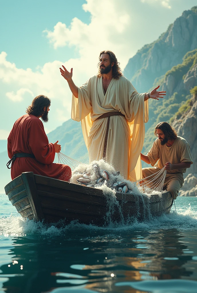 Jesus with peter and his brother on a boat struggling to hold all the caught fishes, peter on his knees kneeling for jesus, high quality, 8K Ultra HD, crisp lines, vibrant color, sharp focus, double exposure, awesome full color,