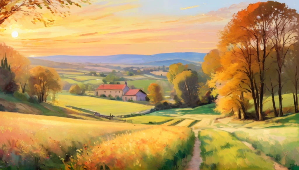 A serene countryside landscape during golden hour, with soft, painterly brushstrokes capturing the warm light and gentle colors, inspired by the works of Claude Monet and Pierre-Auguste Renoir.