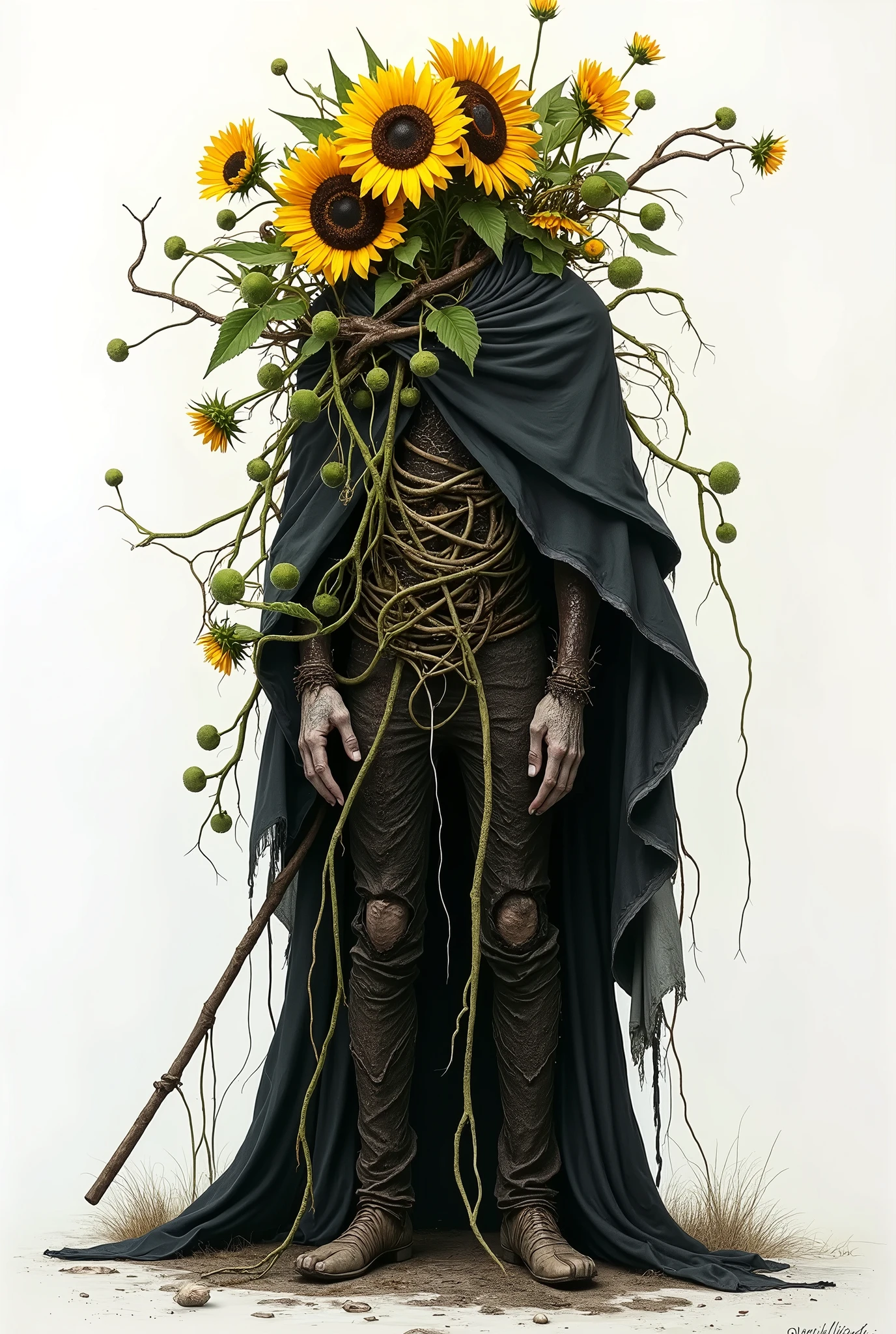 artistic inspiration of Peter Mohrbacher
(Scale layer:1.8),Rotten sunflowers,painting,Concept and design elements,Tangled leaves and sunflowers form a humanoid plant,confusion,chaos,Wearing a ragged black cloak,White background,