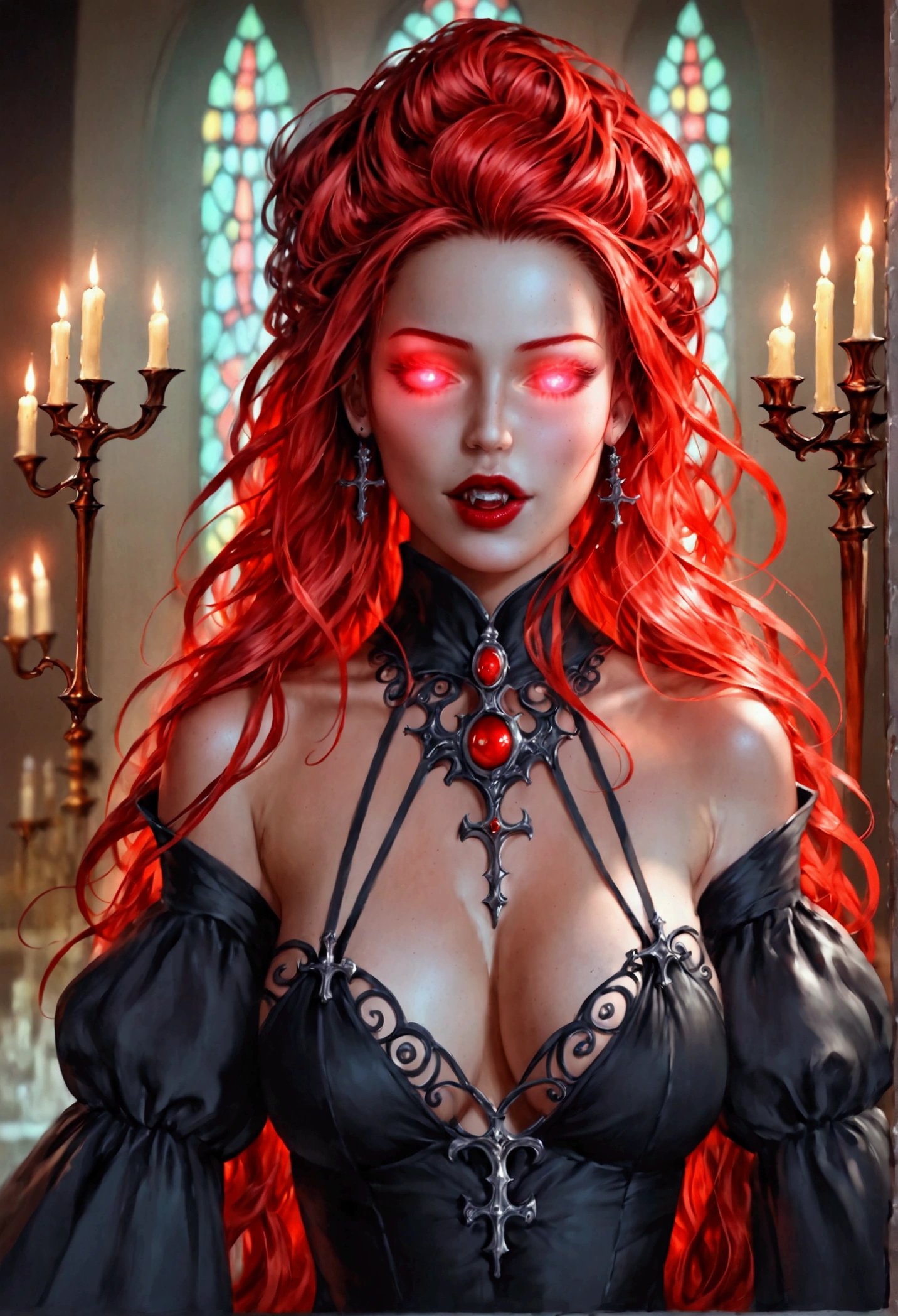 Arafed, dark fantasy art, glamour shot, award winning shot, photorealistic, a portrait of a female vampire drinking a ((glass of blood)), dynamic hair color, dynamic hair style , long hair, red lips, (glowing eyes: 1.5), dynamic eye color, dynamic color, she wears, an elegant (black dress: 1.5), catholic church and altar background, bar background, 16k, ultra detailed, masterpiece, best quality, (extremely detailed), rpg portrait, art by mooncryptowow, photograph