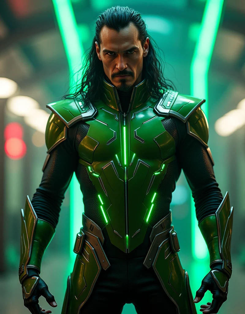 Loki Marvel's super hero original suit glossy finish futuristic neon green lights with in suit cyberpunk muscler body attitude pose 