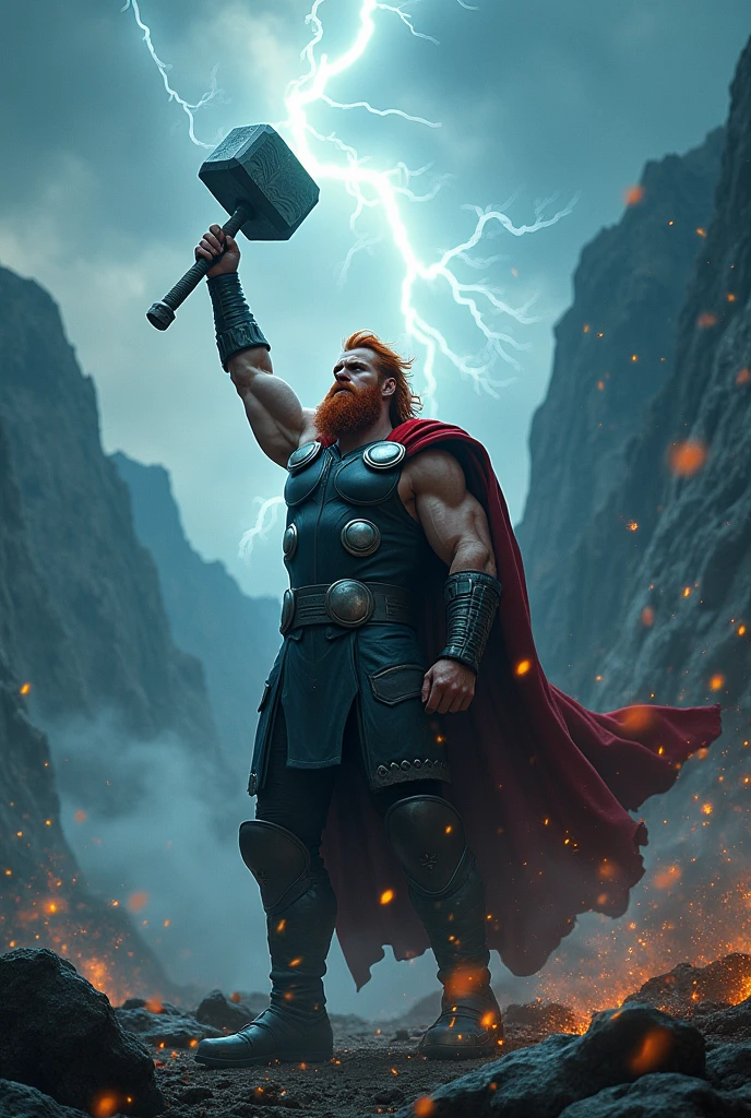 A man from norse mythology named thor with red hair and red beard with a hammer in his hand, thunder cracking and mountain at the background, stomping the ground with his hammer