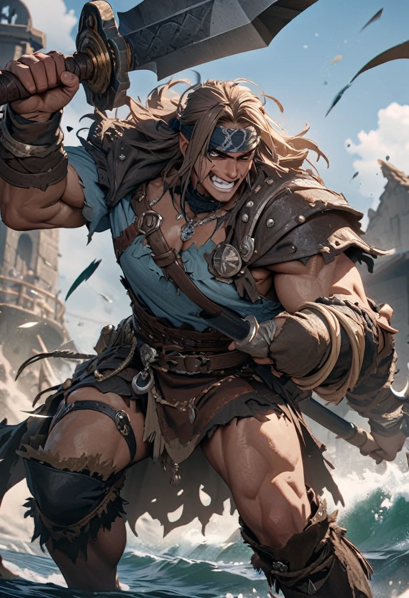 masterpiece, 8k, best quality, highly detailed, a human male warrior light blue skin wielding a Greataxe based off a pirate sea barbarian