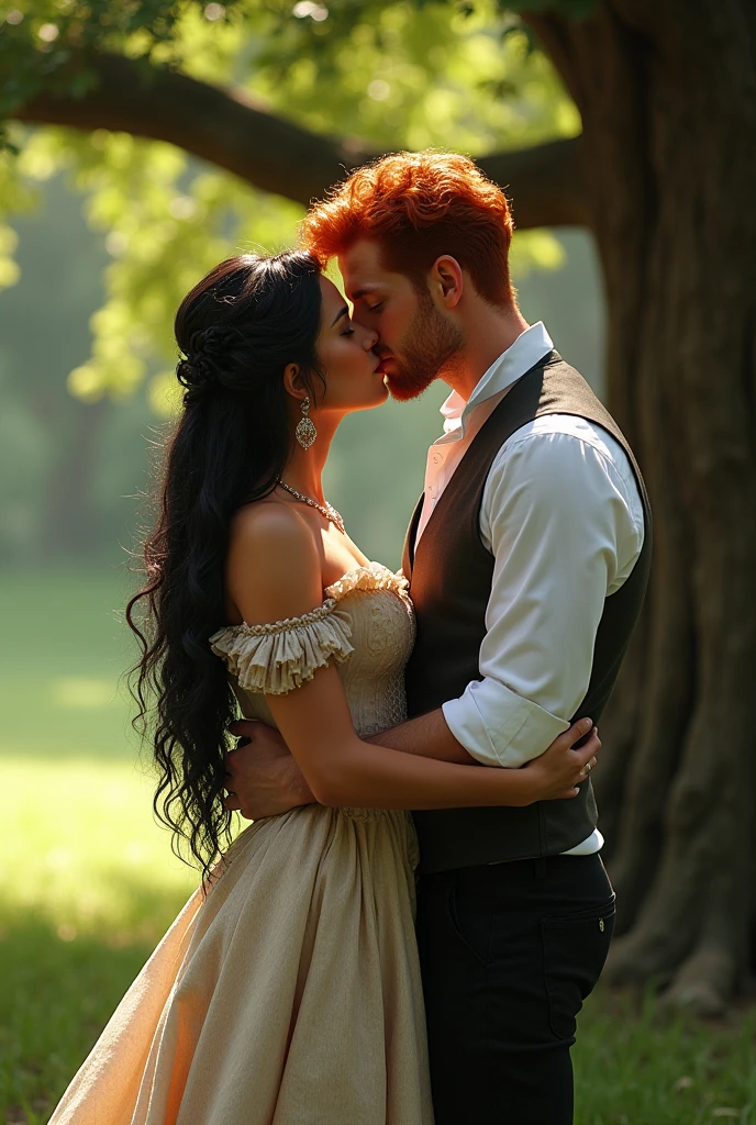 (Photorealism:1.2), Woman with indigenous traits, long black hair, body like Paolla Oliveira, 1,60 tall, with victorian era dress, standing under a tree passionately kissing a red-haired man on the mouth, 1,80 tall, beautiful and elegant body, appealing, hair like Jannik Sinner's, dressed in Victorian era attire.