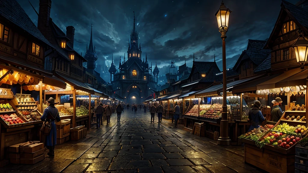 ((masterpiece)),((Highest quality)),((High Detail)),nobody,background,fantasy, City of Fantasy, market, blacksmith, arms, night