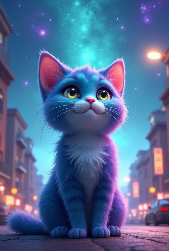 create a cute cat, It has turquoise and purple color, hyper realist, He's looking at the sky, He's sitting across the street, he has a pink nose, the background is a turquoise galaxy with purple