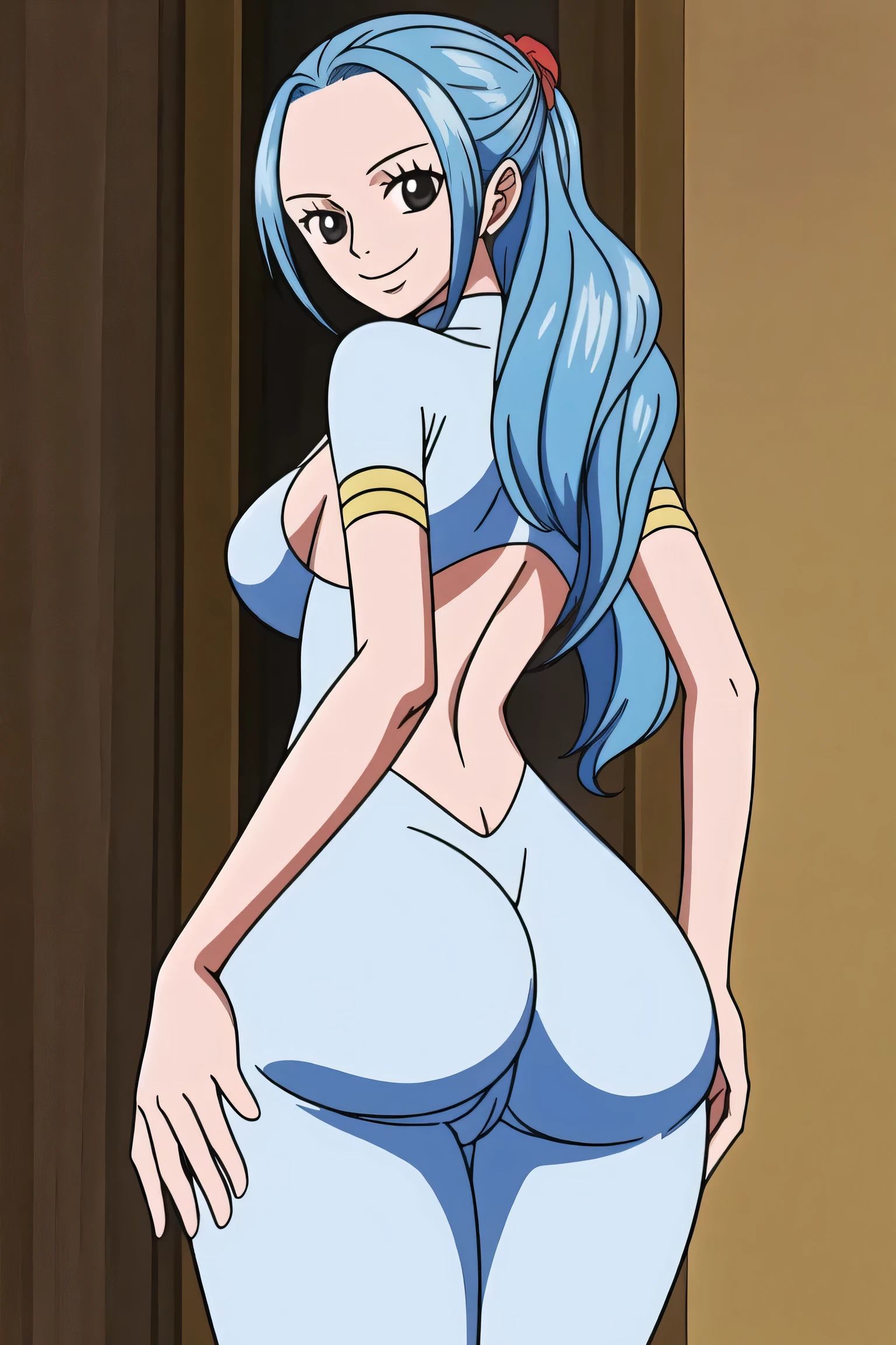 ass, hands on own ass, bra, panties, tall girl, thin girl, very detailed hands, hyper detailed, hyper detailed ass, pussy, perfect anatomy, perfect ass, perfect face, looking at the viewer, sexy, very detailed, very detailed ass, 1girl, smile, close up, castel, blue hair, back focus,happy,Turtleneck, big anime eyes, young ass, from side,on side, room, medium breasts, grey eyes