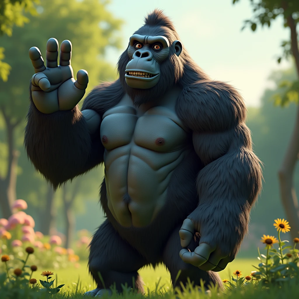 3D Animation、Gorilla holding up three fingers、5 fingers in total、Thumb and pinky finger bent、Summer background