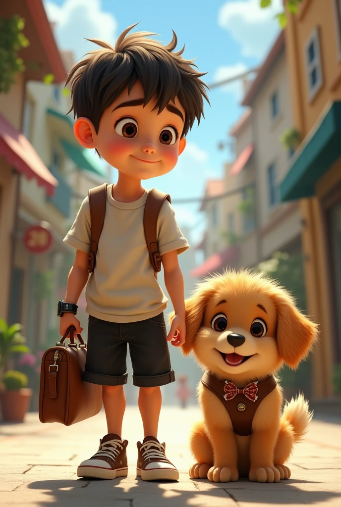 young boy, smile, A detailed scene featuring a young boy around , with his loyal dog. The boy has short, slightly messy dark brown hair and large, expressive eyes with a thoughtful yet determined expression. He wears slightly wrinkled t-shirt, black knee-length shorts, and brown sneakers. On his wrist is a simple watch, and he carries a small leather bag in his left hand. The boy's dog is a medium-sized, fluffy golden-brown dog with a cheerful demeanor, wearing a harness with a small bow tie on its neck. The background adding depth and liveliness to the scene, but the focus remains on the boy and his dog.