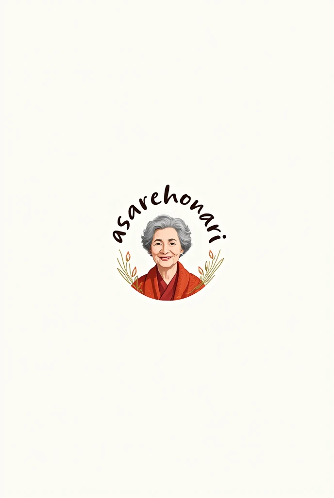Design a minimalistic logo that shows the words &quot;AsareHonari&quot; in a beautiful, hand-drawn font with an interview pattern with a beautiful and smiling old woman.. The design is circular and centered on a white background for high resolution. This unique logo incorporates a simple red color while communicating with nature through the symbol of water..