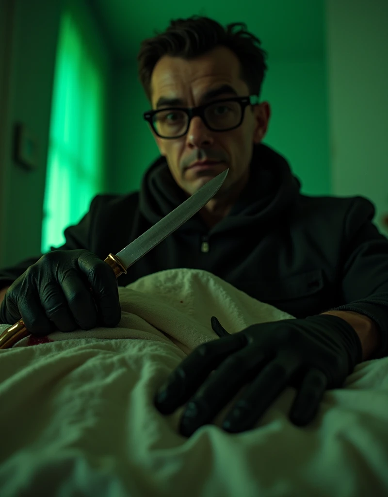 Italian crime film, horror, giallo scene, nerdy killer, man, black glasses, black gloves, butcher knife, girl tied up on bed, dirty hotel room, cinematic lighting, , Realism, Luminism, cinematic lighting, Eye-Level Shot, Ultra-Wide Angle, high details, award winning, best quality, 16k, ccurate, retina, UHD, textured skin, super detail, luric vivid colors, soft green back lighting, blood, fear, retro aesthetic, Dario Argento style, Mario Bava style, Fumetti, horror comic book aesthetic