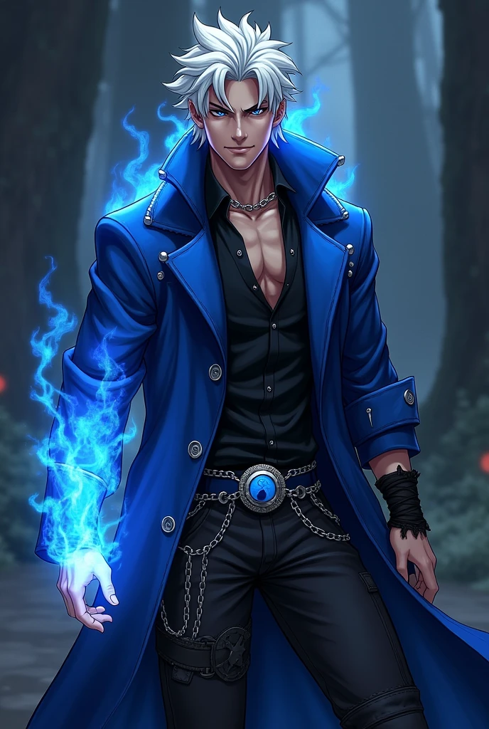 Male age 25, latin-greman, gray eyes, white hair, deep evil and cute eyes, smile, combined royal blue and black matrix gabardine open, soft black shirt, black cargo pants, only right arm on blue flames, japanese style, belt with a blue ying yang, chains around the belt, athletic, magic powers, action, cunning look, leather black boots with metal pins, black cat nails, jojo's pose, black hair, night background, uncovered head
