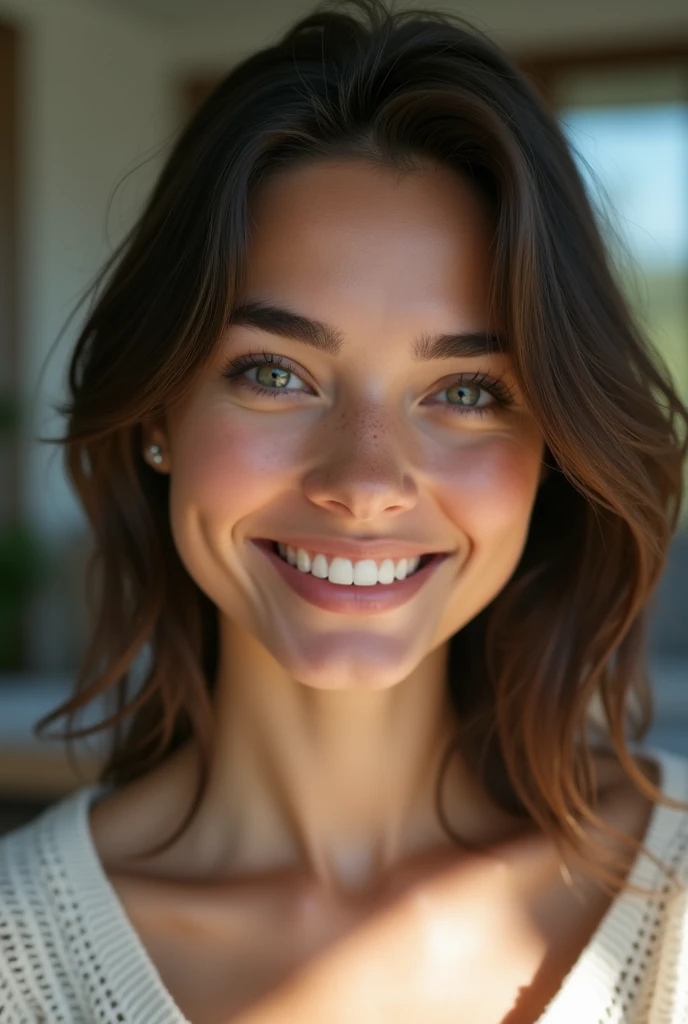 A hyper-realistic, 4K image of a young woman in her twenties, Caucasian with shoulder-length, slightly wavy brown hair, standing in her modern living room. She is wearing a pair of high-waisted blue jeans that fit snugly and are slightly distressed, paired with a white oversized sweater with a relaxed fit. The sweater has a slight V-neck and long sleeves that are casually rolled up, enhancing her laid-back yet stylish appearance. Her hair falls naturally over her shoulders in soft waves, perfectly framing her face with delicate features and clear, bright eyes. Her complexion is smooth and glowing, and she has a sweet, confident smile as she holds her smartphone in one hand, taking a selfie in front of a large, sleek wall mirror.

The living room is captured in stunning detail, with a spacious and bright atmosphere. The furniture is modern and elegant: a light gray sofa with plush cushions in various textures and colors, each fabric and pattern rendered in crisp, lifelike detail. A light wooden coffee table sits in the center of the room, with a few neatly stacked books and a vibrant green potted plant adding a touch of natural beauty. The textures of the fabric, wood grain, and plant leaves are all vividly detailed. A large window allows an abundance of natural light to flood the space, creating soft, warm shadows and highlights that accentuate the realism of the scene. In the background, a plush beige rug and light white linen curtains move slightly with the breeze, adding depth and motion to the hyper-realistic setting. The overall ambiance is contemporary, fresh, and inviting, perfectly capturing the luxurious feel of the space.

