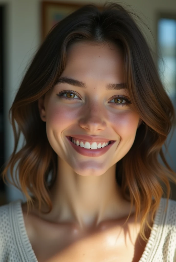 A hyper-realistic, 4K image of a young woman in her twenties, Caucasian with shoulder-length, slightly wavy brown hair, standing in her modern living room. She is wearing a pair of high-waisted blue jeans that fit snugly and are slightly distressed, paired with a white oversized sweater with a relaxed fit. The sweater has a slight V-neck and long sleeves that are casually rolled up, enhancing her laid-back yet stylish appearance. Her hair falls naturally over her shoulders in soft waves, perfectly framing her face with delicate features and clear, bright eyes. Her complexion is smooth and glowing, and she has a sweet, confident smile as she holds her smartphone in one hand, taking a selfie in front of a large, sleek wall mirror.

The living room is captured in stunning detail, with a spacious and bright atmosphere. The furniture is modern and elegant: a light gray sofa with plush cushions in various textures and colors, each fabric and pattern rendered in crisp, lifelike detail. A light wooden coffee table sits in the center of the room, with a few neatly stacked books and a vibrant green potted plant adding a touch of natural beauty. The textures of the fabric, wood grain, and plant leaves are all vividly detailed. A large window allows an abundance of natural light to flood the space, creating soft, warm shadows and highlights that accentuate the realism of the scene. In the background, a plush beige rug and light white linen curtains move slightly with the breeze, adding depth and motion to the hyper-realistic setting. The overall ambiance is contemporary, fresh, and inviting, perfectly capturing the luxurious feel of the space.


