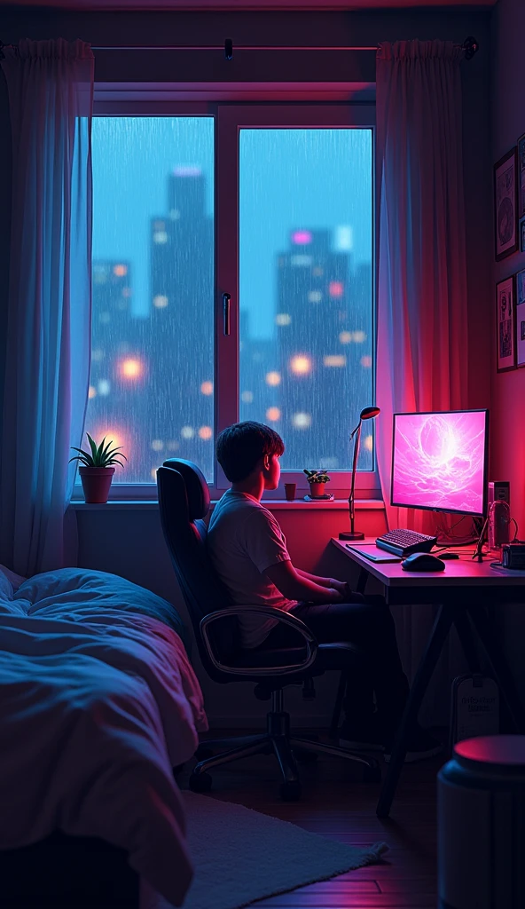 A cozy bedroom with neon lights reflecting through the window. It's raining heavily outside, casting a soft glow over the city. A gaming setup sits in the corner with RGB lights pulsing to the beat of the rain.