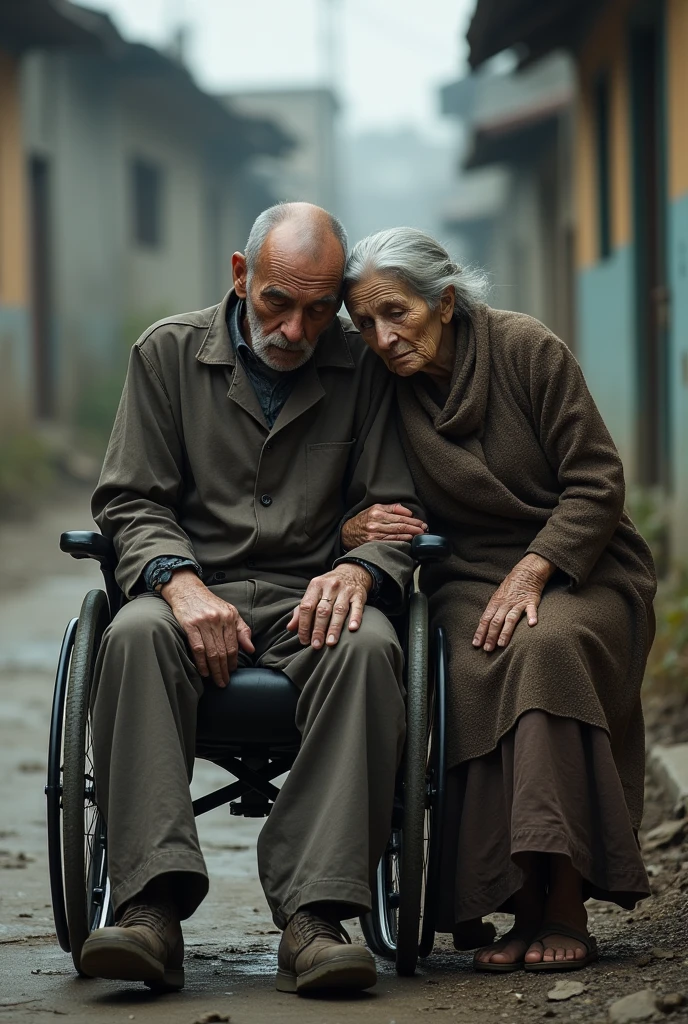 There is a poor sad man sitting in a wheelchair and next to him is a poor old mother