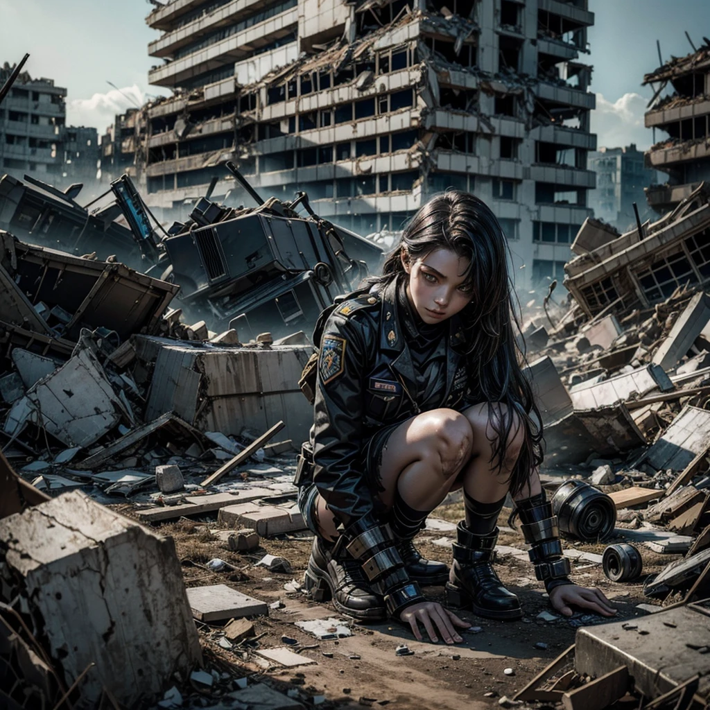 
a young undead woman in a damaged and torn uniform wanders among the rubble of a battlefield, pieces of futuristic technological means are visible on the ground and some fallen soldiers can be glimpsed