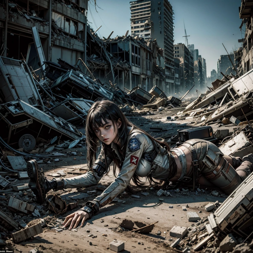 
a young undead woman in a damaged and torn uniform wanders among the rubble of a battlefield, pieces of futuristic technological means are visible on the ground and some fallen soldiers can be glimpsed