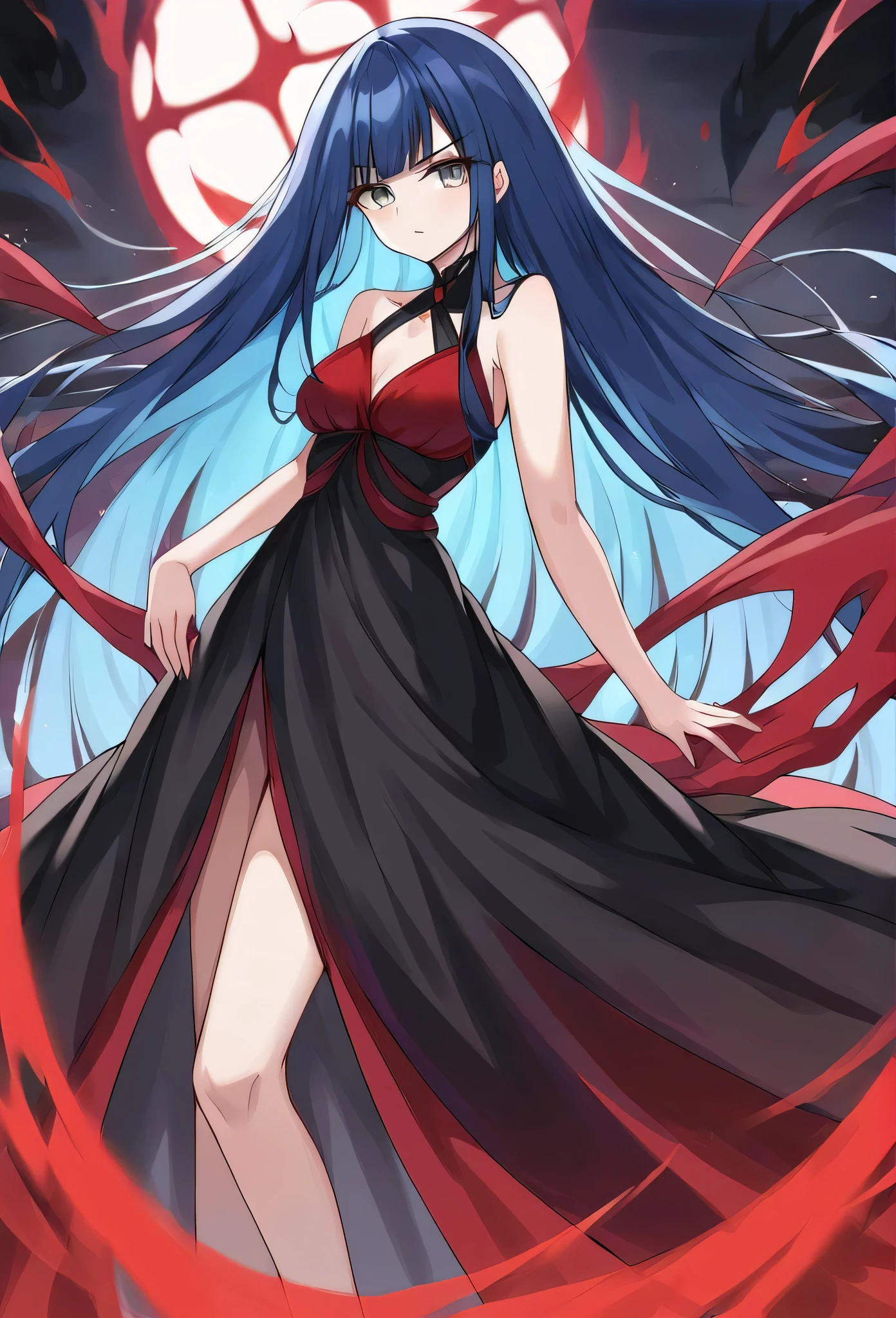 1girl, solo, gray eyes, blue hair, very long hair, evil look, red dress, long dress, black dress , multicolored dress,