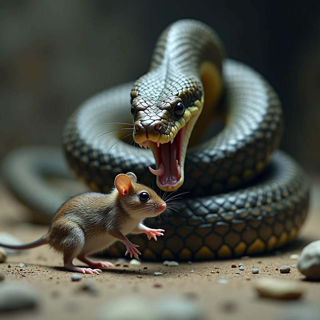 The moment when a venomous snake preys on a mouse，close up，Action Photography