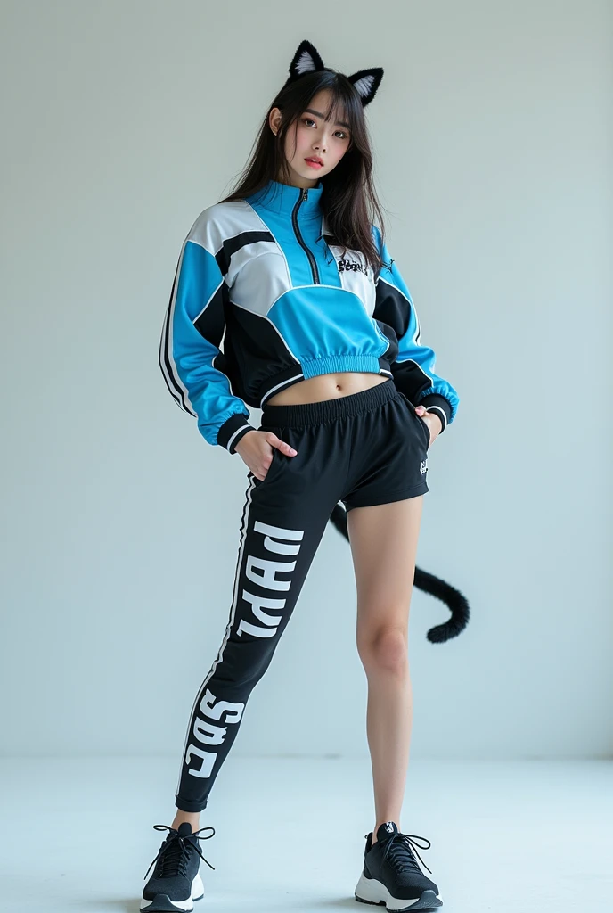 Give me a full body photo of a girl, she wears activewear, personality blue white and black, on the clothes there is Vietnamese writing " Nha Dat 369 " , her face is a cute cat face, she is catwalk