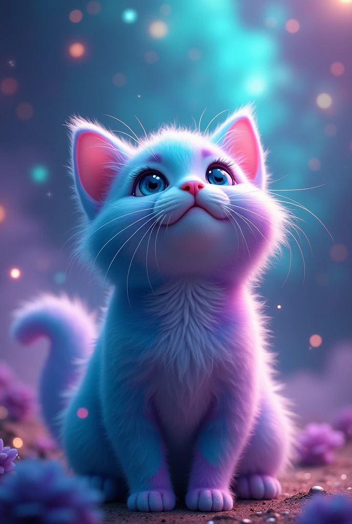 create a cute cat, It has turquoise and purple color, hyper realist, He's looking at the sky, he has a pink nose, the background is a turquoise galaxy with purple