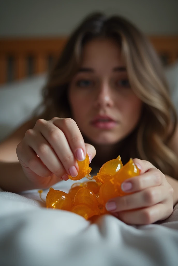 Condoms filled with cum are thrown around a girl how is lying on the bed