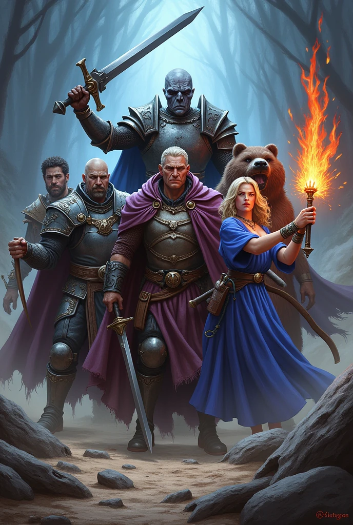 create a cover for an rpg, with the characters, paladin with black armor and helmet and with a sword in one hand and a shield in the other, an undead dwarf cleric in armor with a warhammer in one hand, a pale tiefling warlock in purple robes and a flaming sword, a mage in a blue dress casting magic and a sword in her hand, a big brown bear with half a mustache, an elf wizard wearing a blue robe firing a mystical blast, make character art in realistic style