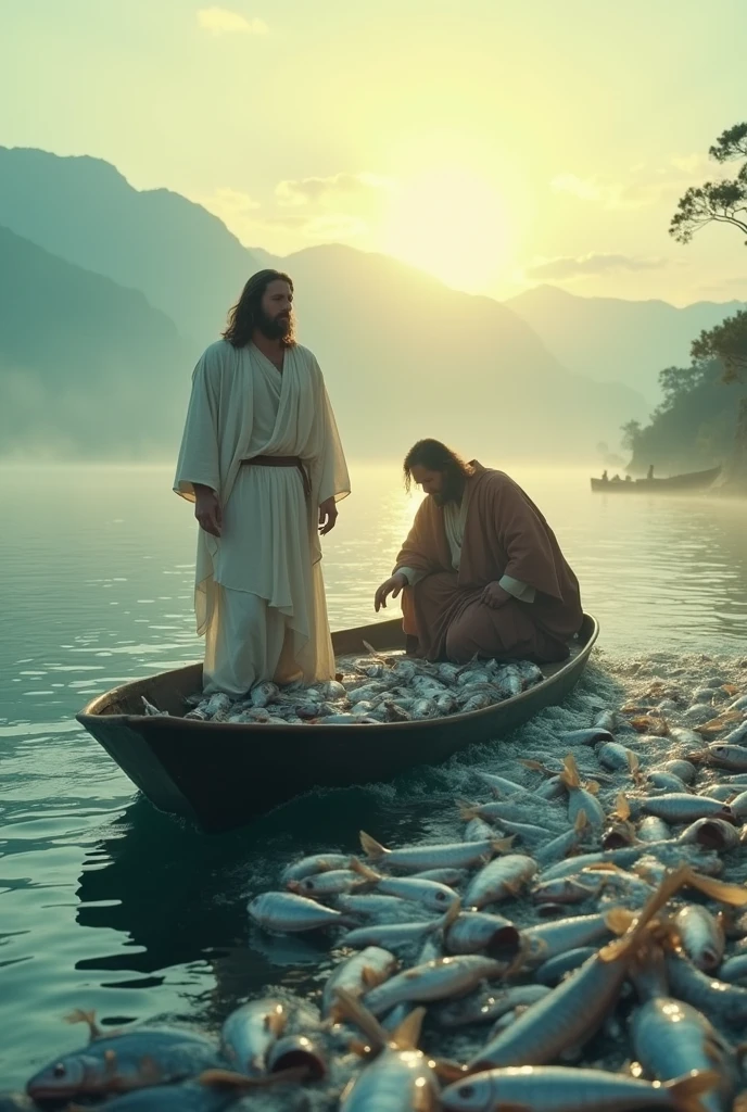Jesus with peter and his brother on a boat struggling to hold all the caught fishes, peter on his knees kneeling for jesus, high quality movie scene, 8K Ultra HD, crisp lines, vibrant color, sharp focus, double exposure, awesome full color,