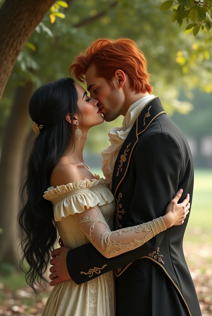(Photorealism:1.2), Woman with indigenous traits, long hair, smooth and black, body like Paolla Oliveira, 1,60 tall, with victorian era dress, standing under a tree passionately kissing a red-haired man on the mouth, 1,80 tall, beautiful and elegant body, appealing, hair like Jannik Sinner's, dressed in Victorian era attire.