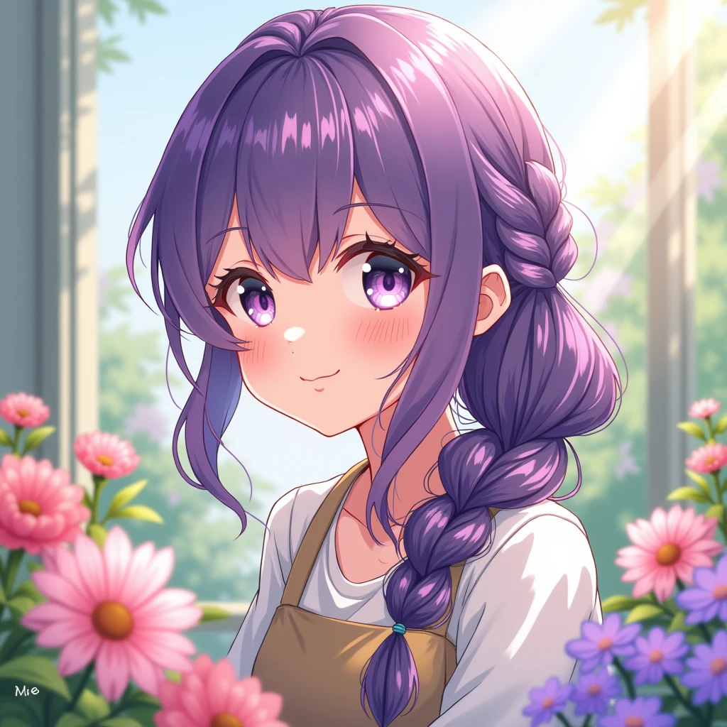Anime Style, Character portrait, Florist,Braid, Purple Hair,