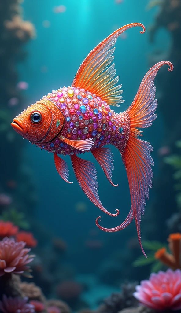 Forbes Diamond「Fish in the water」teeth、The protagonist is portrayed naturally and realistically.。, Highly detailed and photorealistic, Render the background, Photorealistic concept art, Hyperreal Rendering, Red realistic 3D rendering, Fish Association, Photorealistic images, Highly detailed and photorealistic, Ultra-realistic detailed rendering, Realistic detailed images, Highly detailed rendering, High quality rendering,((A fictional fish with many colorful jewels on its body.))Fluorescent fish,His whole body is covered in colored gems,The tail is also covered with jewels
