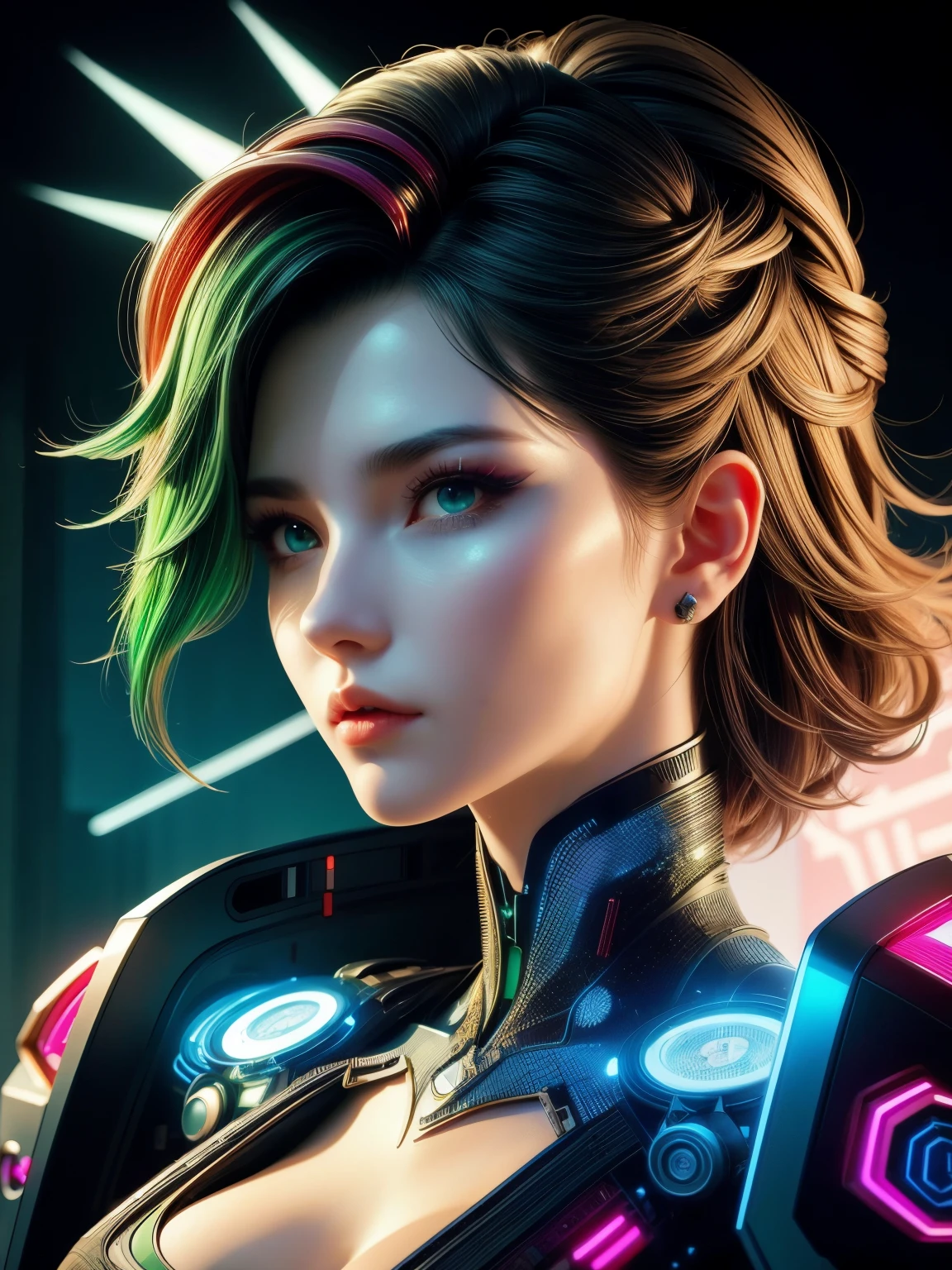 (high quality), (masterpiece), (detailed), 8K, Hyper-realistic portrait of (Korean woman1.2) wearing (futuristic fantasy attire1.2) with (neon-lit accents1.2) and (intricate circuitry patterns1.2). Her (short, spiky hair1.2) is styled with ( vibrant, glowing streaks1.2), and her (piercing green eyes1.2) seem to hold a deep (technological energy1.2). The (soft, pulsing lighting1.2) illuminates her (smooth, porcelain skin1.2), creating a sense of (cyberpunk elegance1.2).